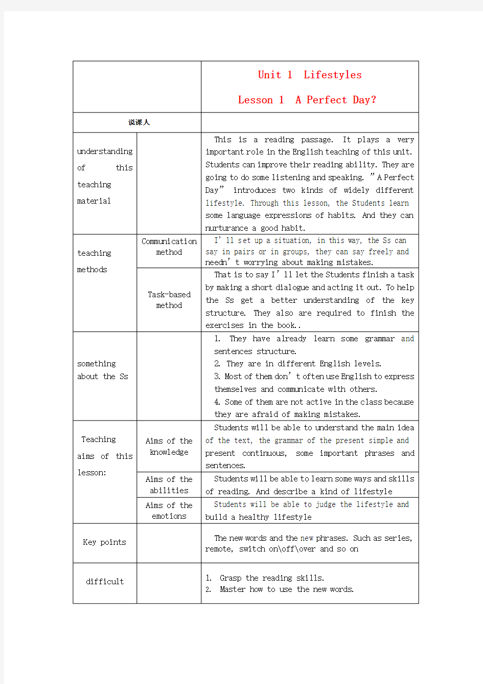 《Lifestyles》Lesson1APerfectDay说课稿