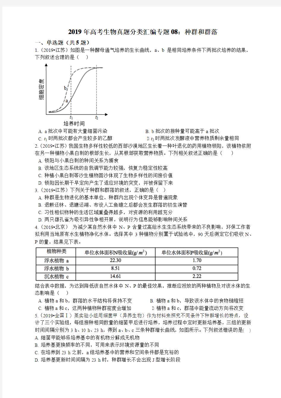 2019年高考生物真题分类汇编专题08：种群和群落