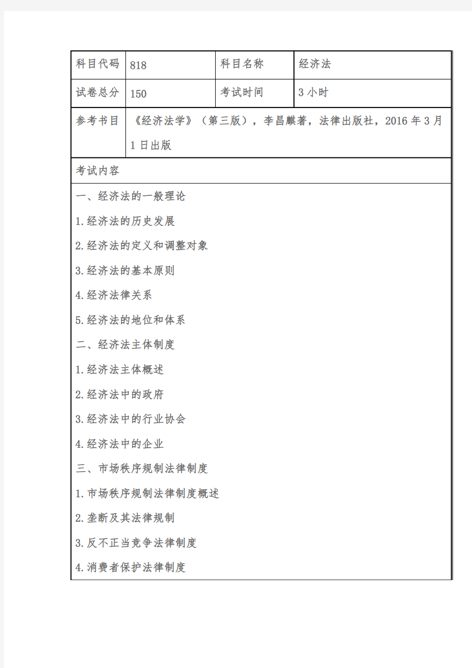 上海海事大学818经济法2020年考研专业课初试大纲