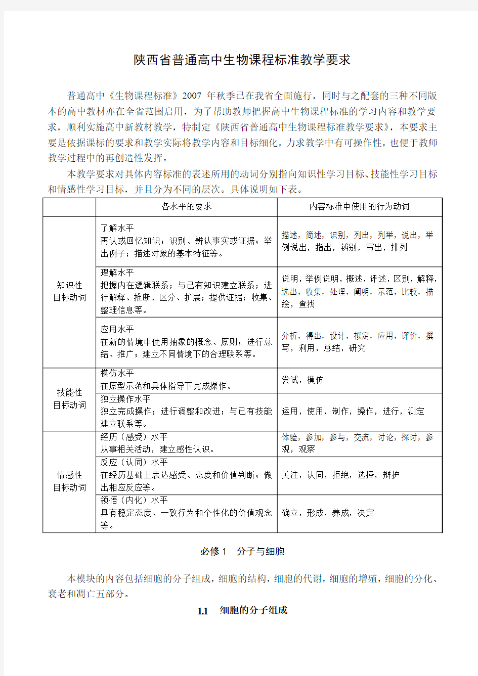 陕西省普通高中生物课程标准教学要求