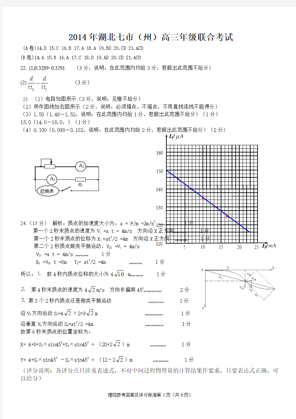 湖北2014年高三七市州联考理科综合试题答案