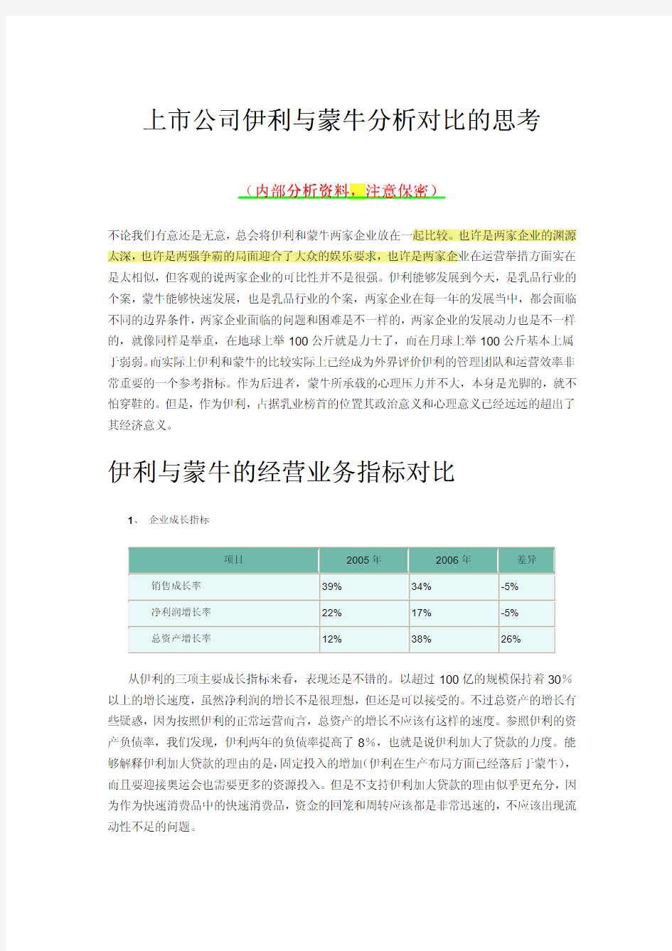 蒙牛和伊利的分析对比