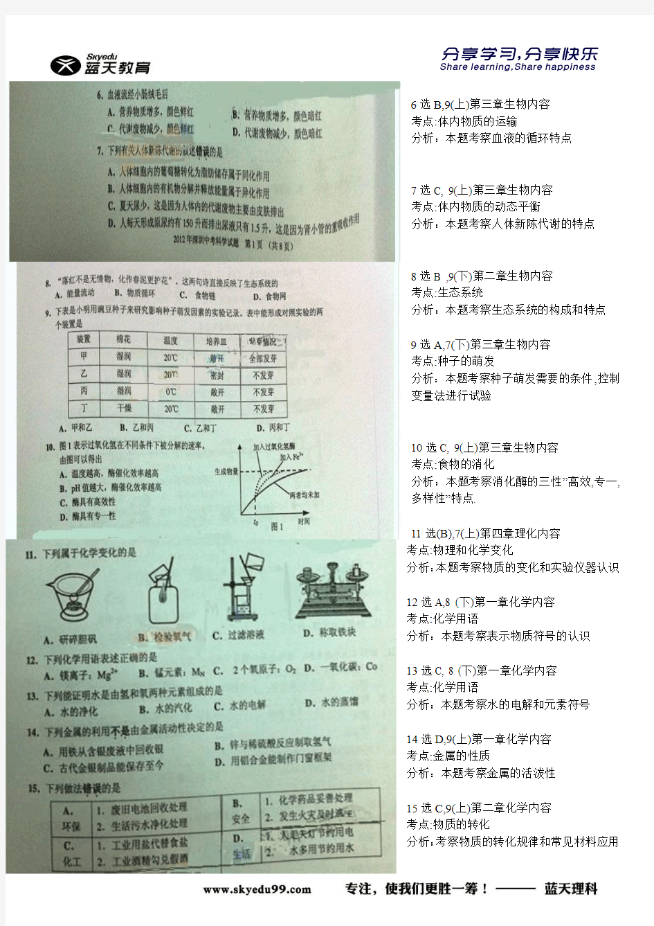 2012年深圳中考科学试卷分析