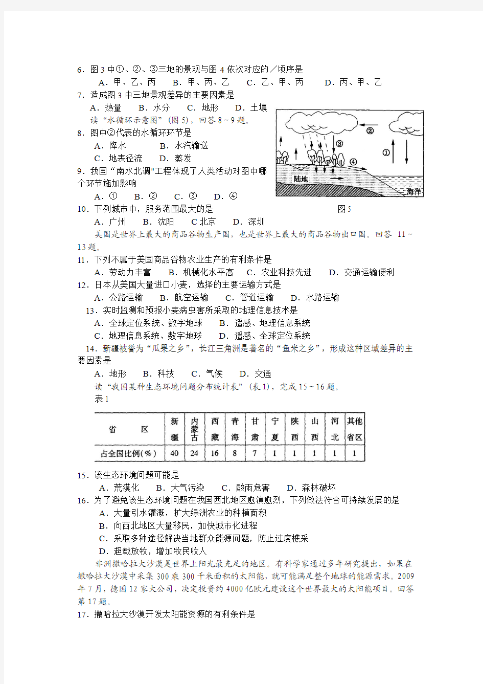 2012年辽宁省普通高中学生学业水平考试1 地理