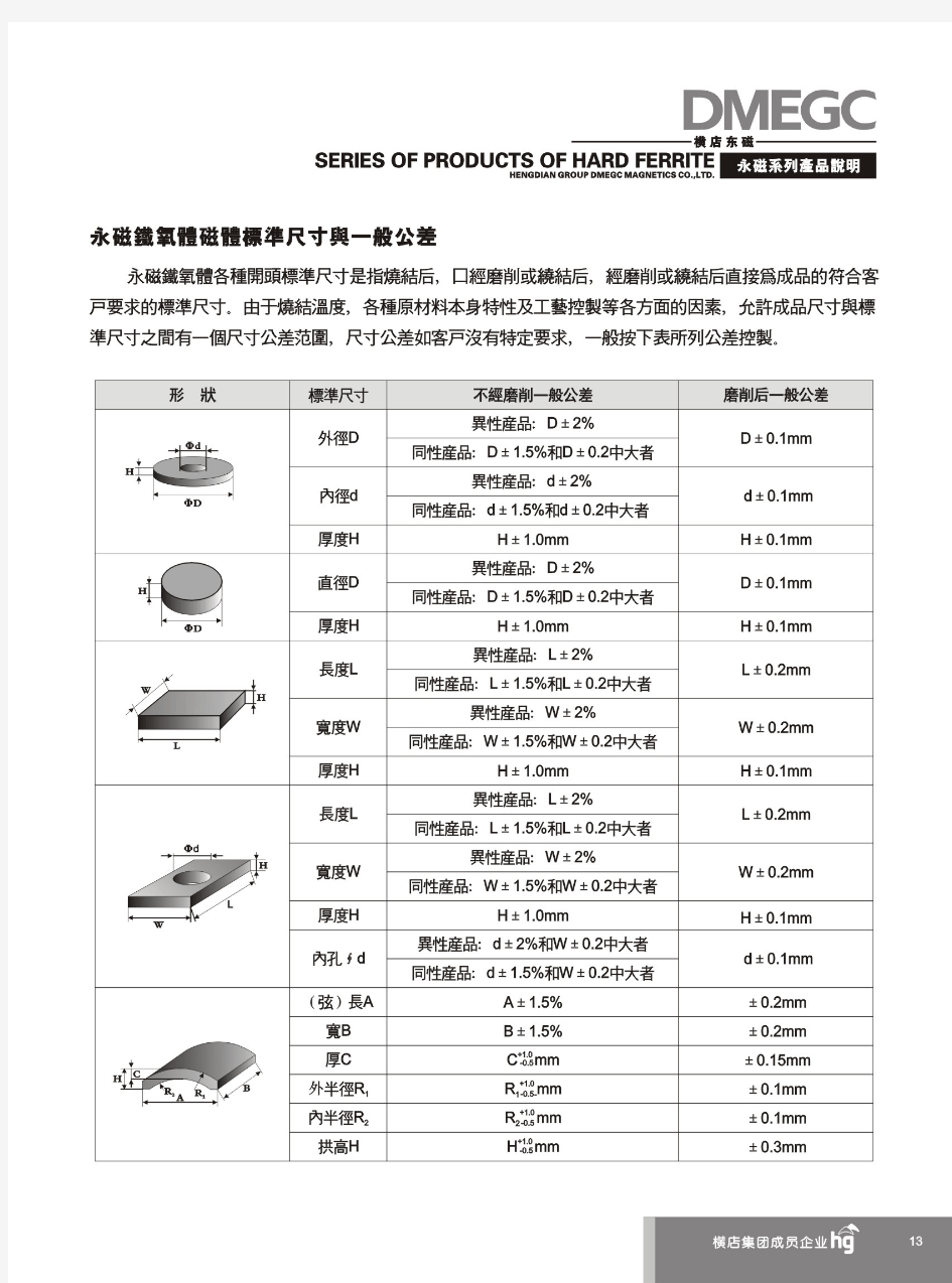 永磁铁氧体标准尺寸与一般公差