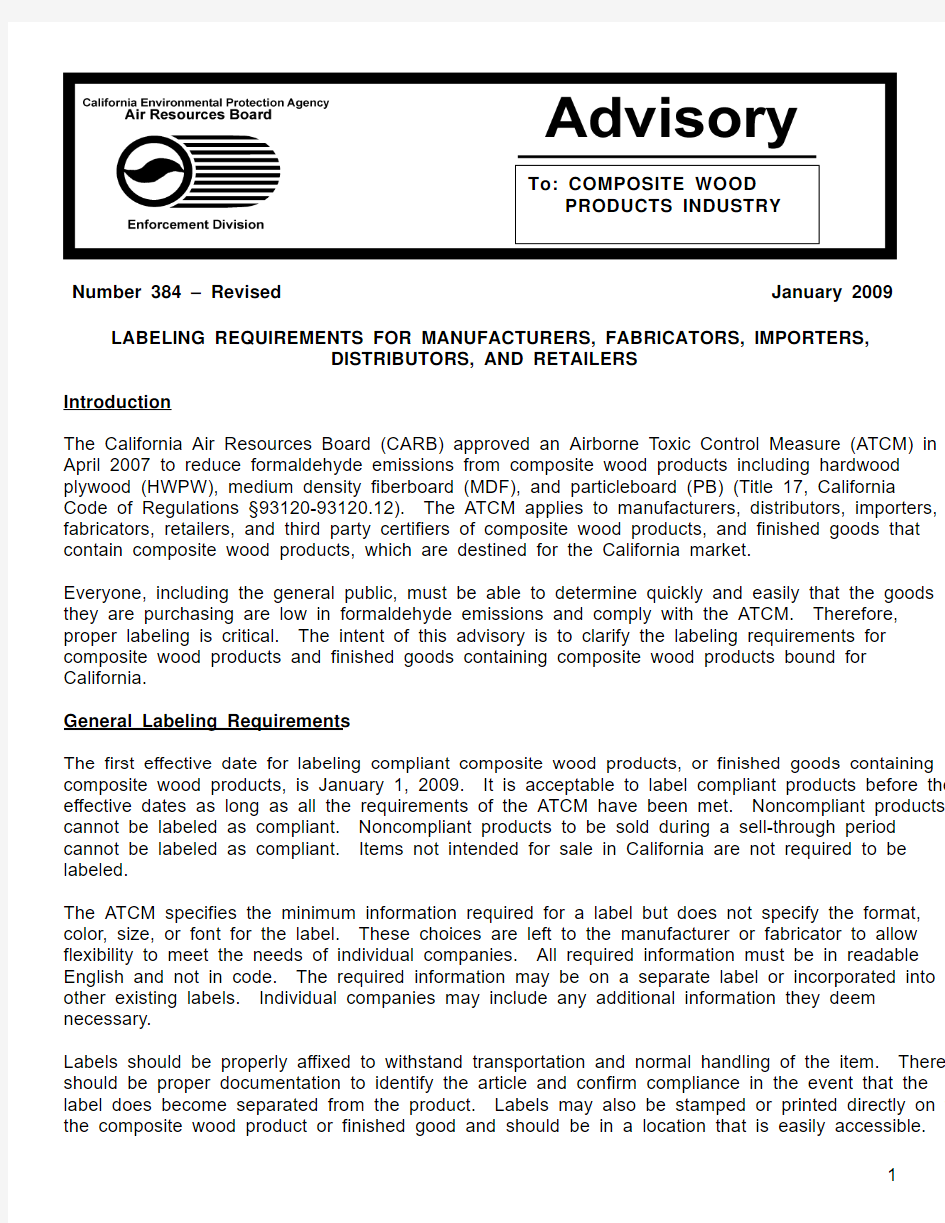 CARB - Advisory - Composite Wood Products - 01.2010