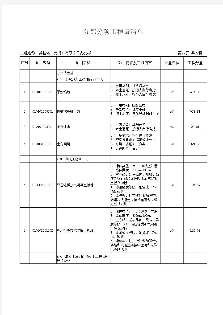 分部分项工程量清单