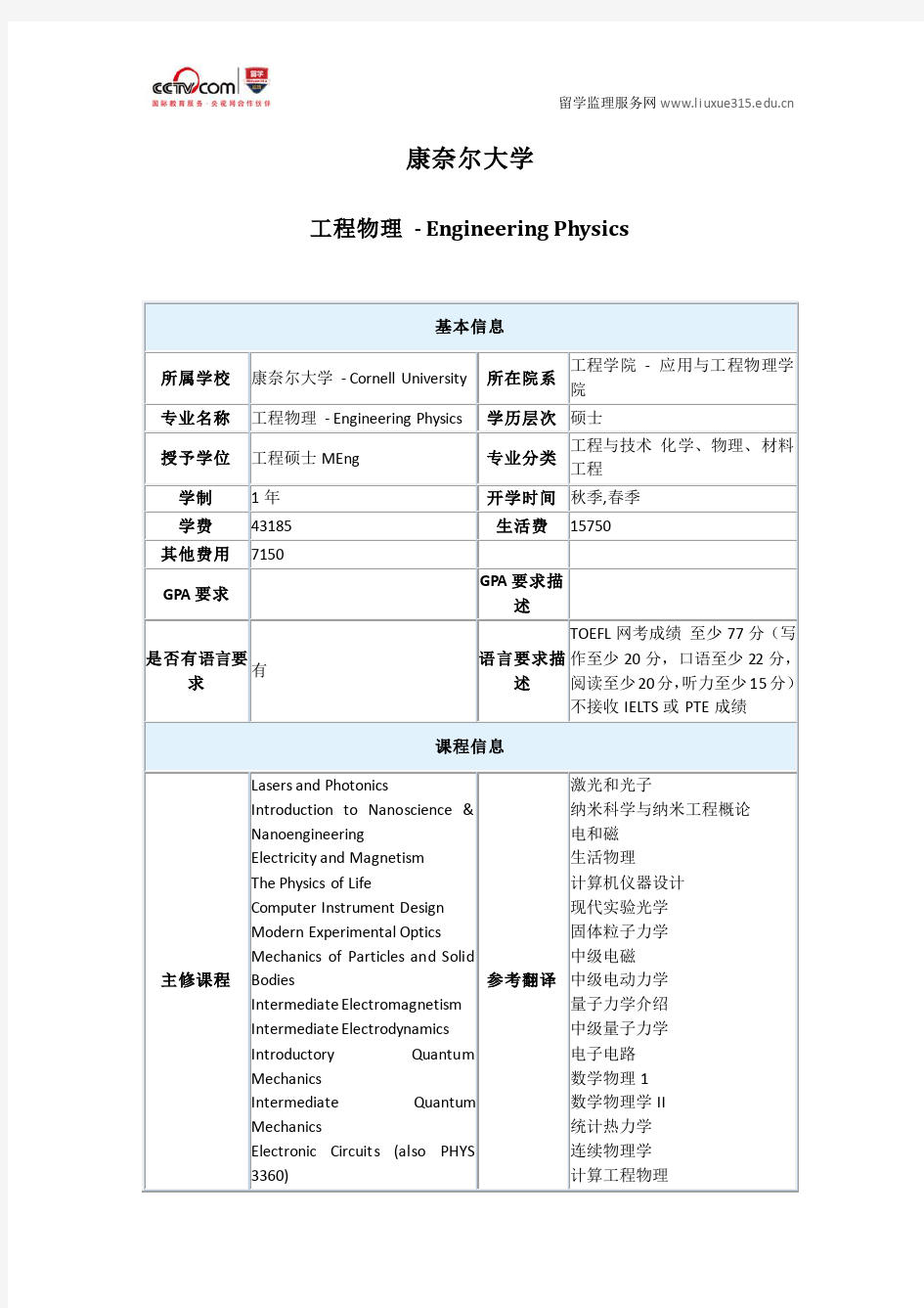 美国康奈尔大学工程物理专业