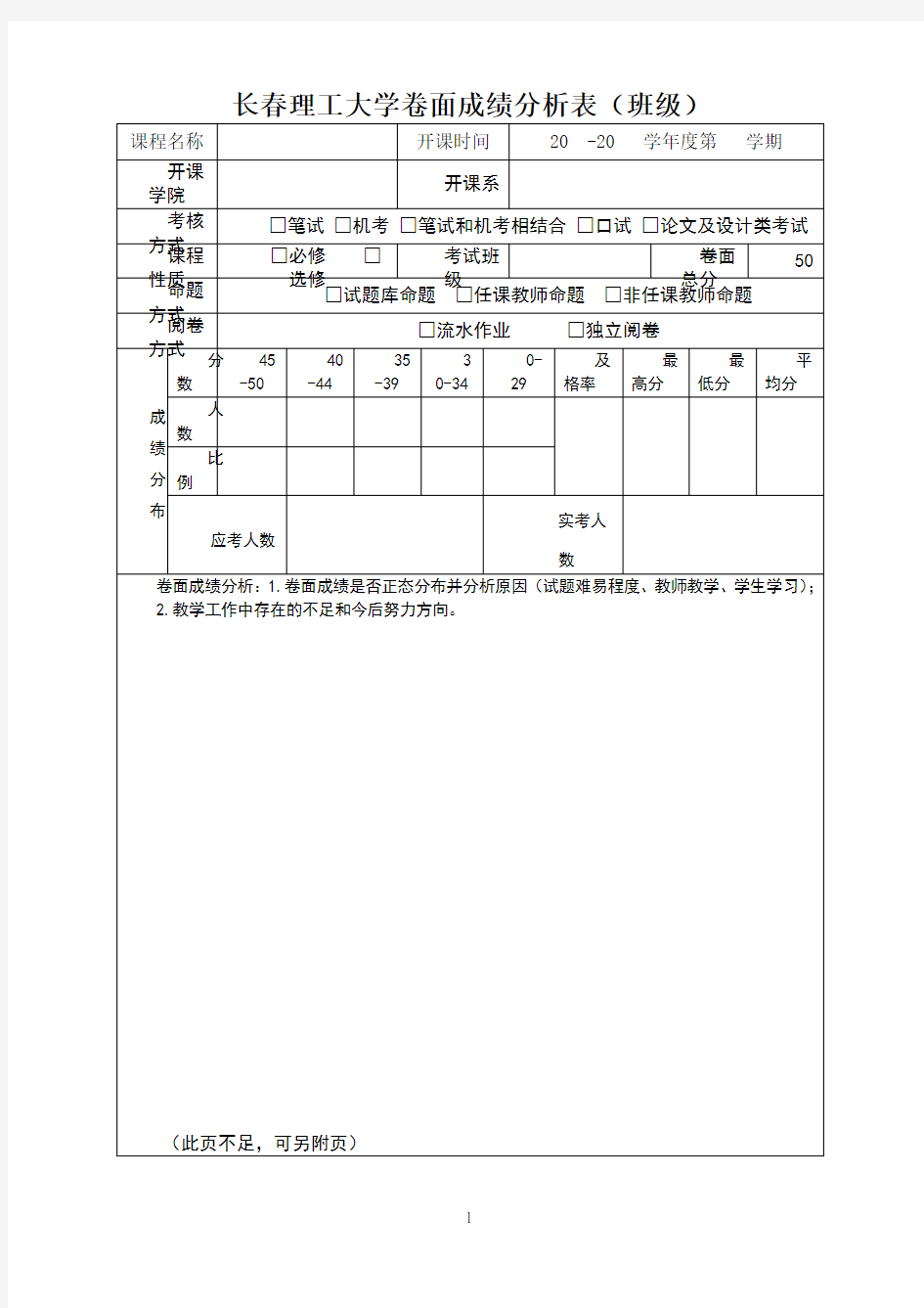 长春理工大学卷面成绩分析表(班级)_28530