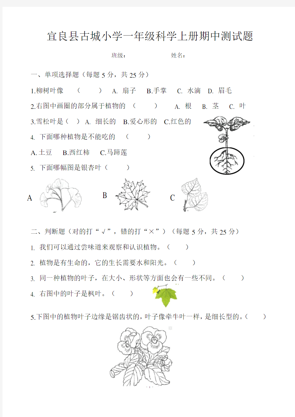 小学一年级科学上册期中试卷