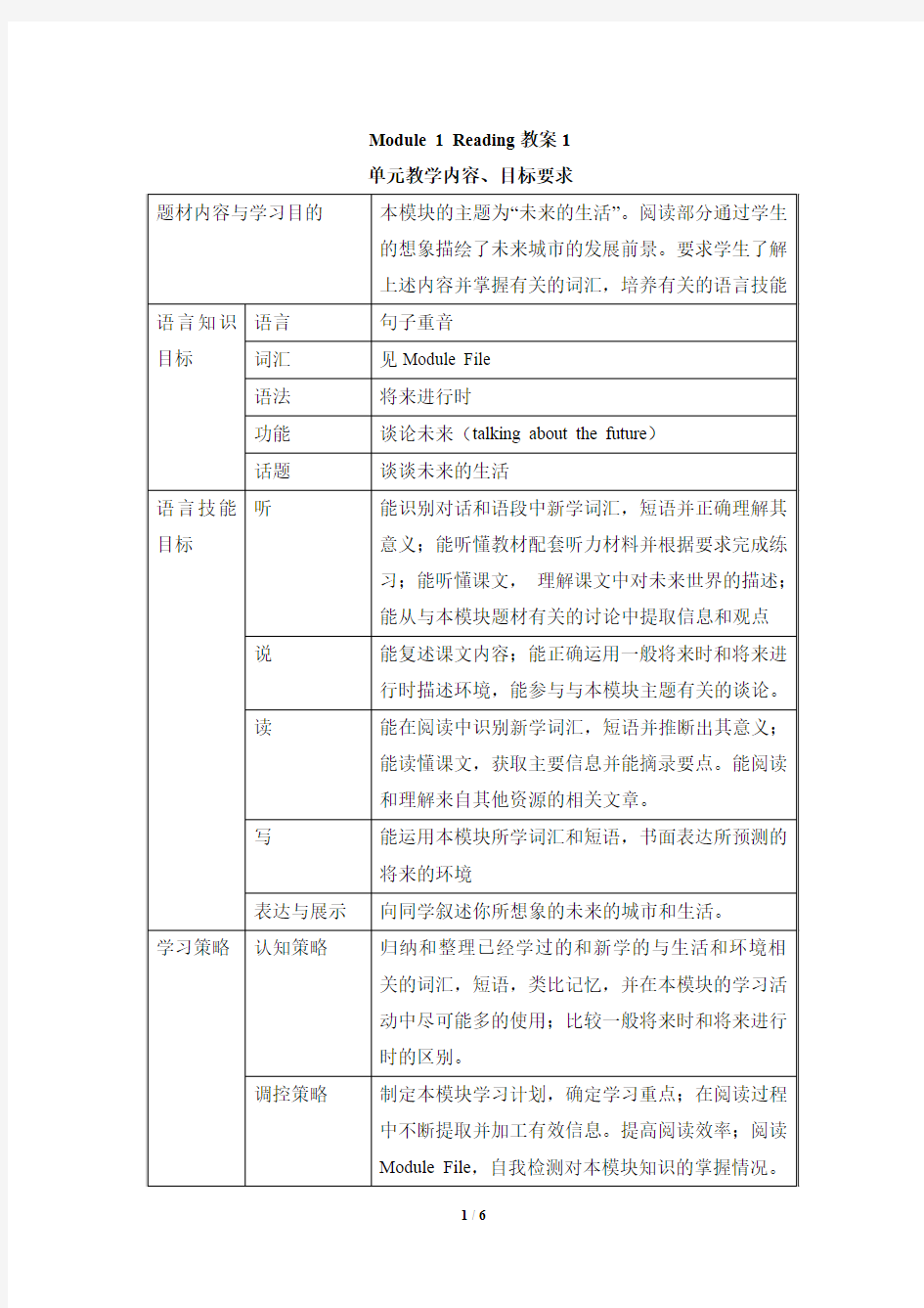 外研版高中英语必修四 Module1 Reading教案1-新版