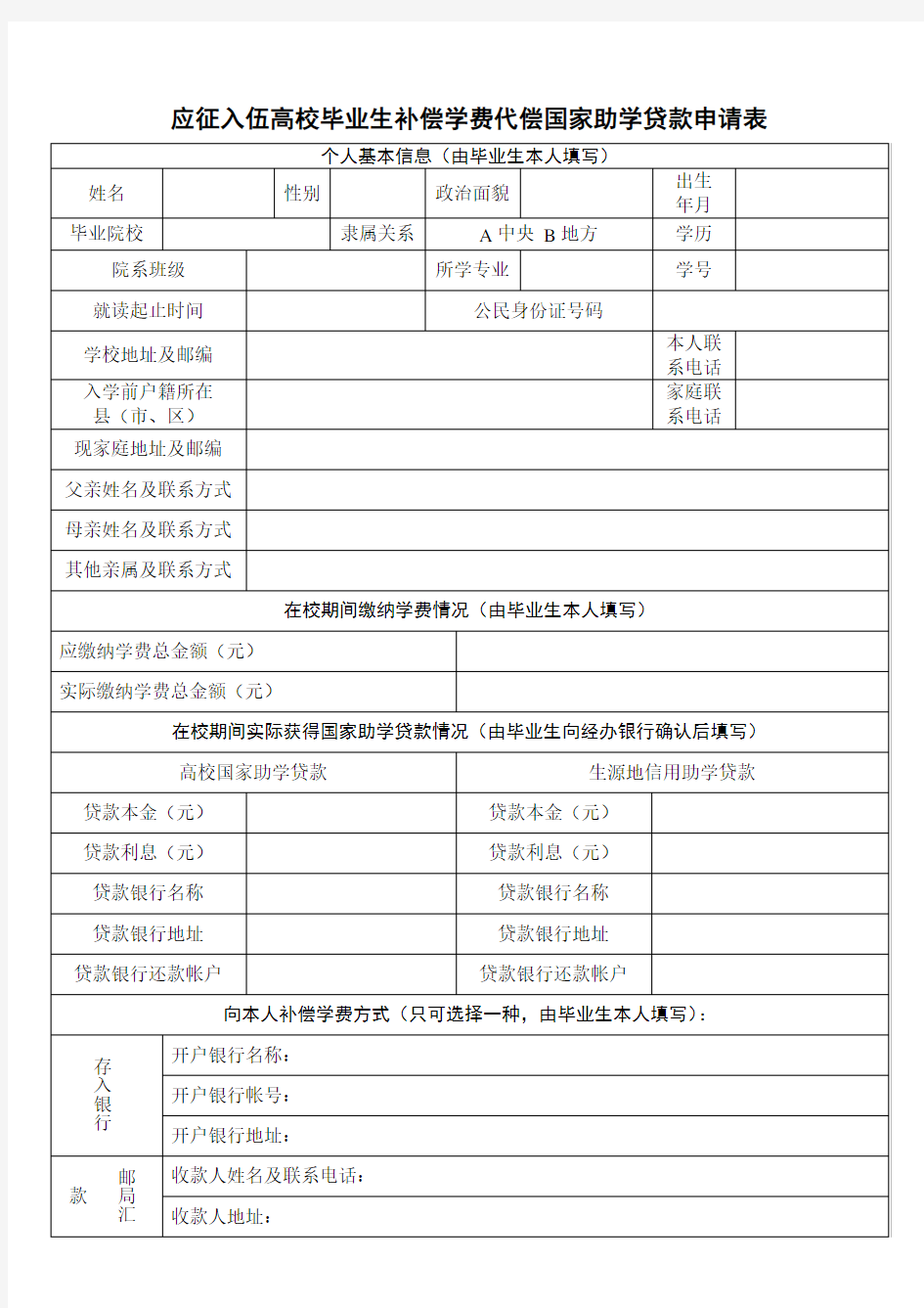 大学生应征入伍学费补偿申请表