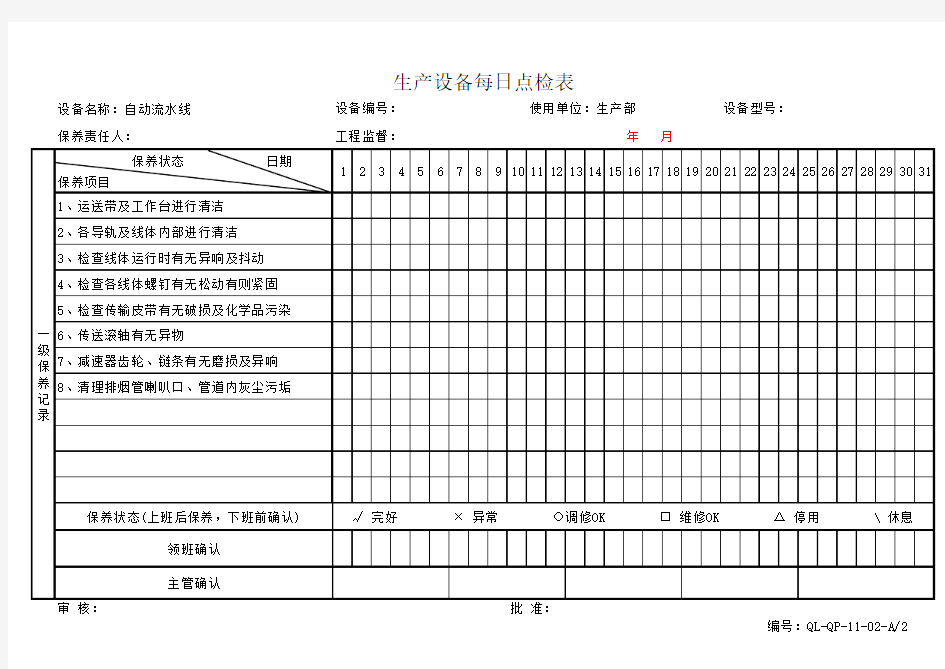 自动流水线 生产设备每日点检表