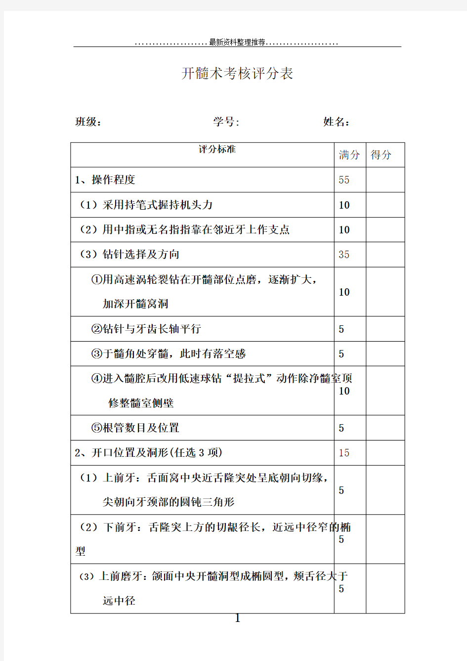 口腔技能操作评分表