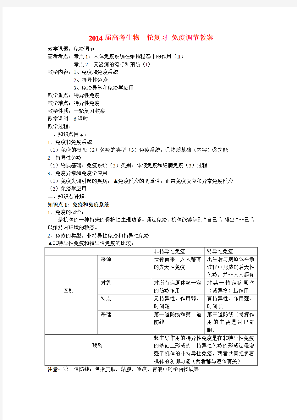 高考生物一轮复习 免疫调节教案