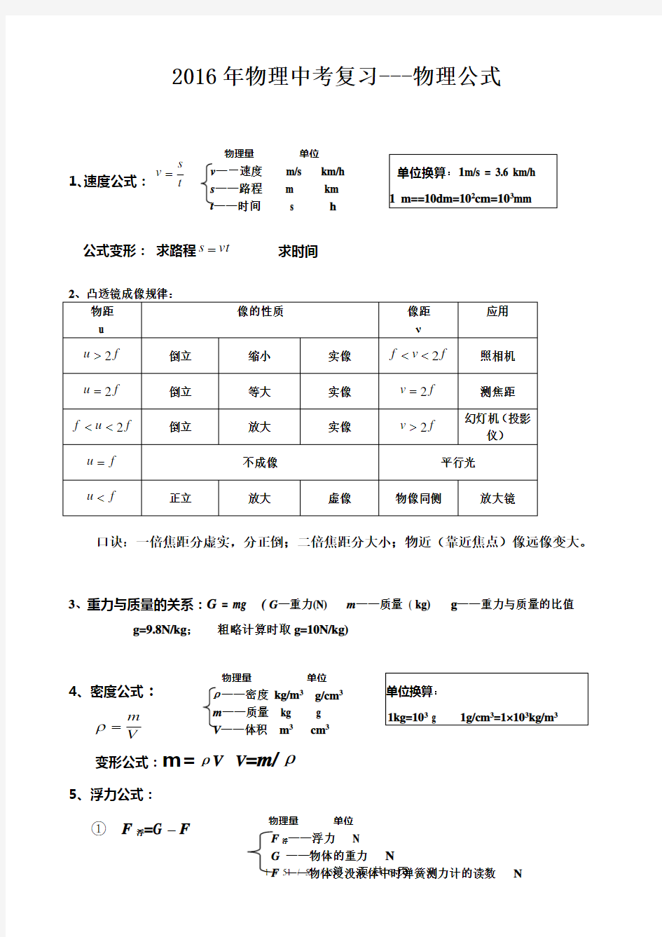 中考物理公式完整版