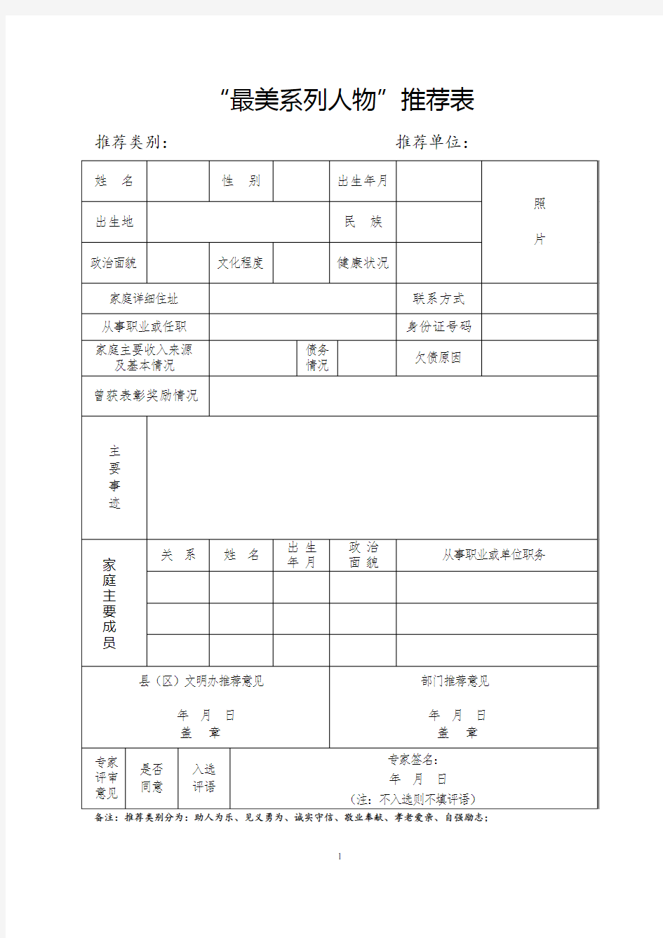 “最美系列人物”推荐表