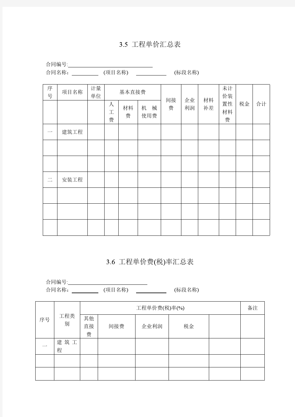 3.5 工程单价汇总表3.6 工程单价费(税)率汇总表