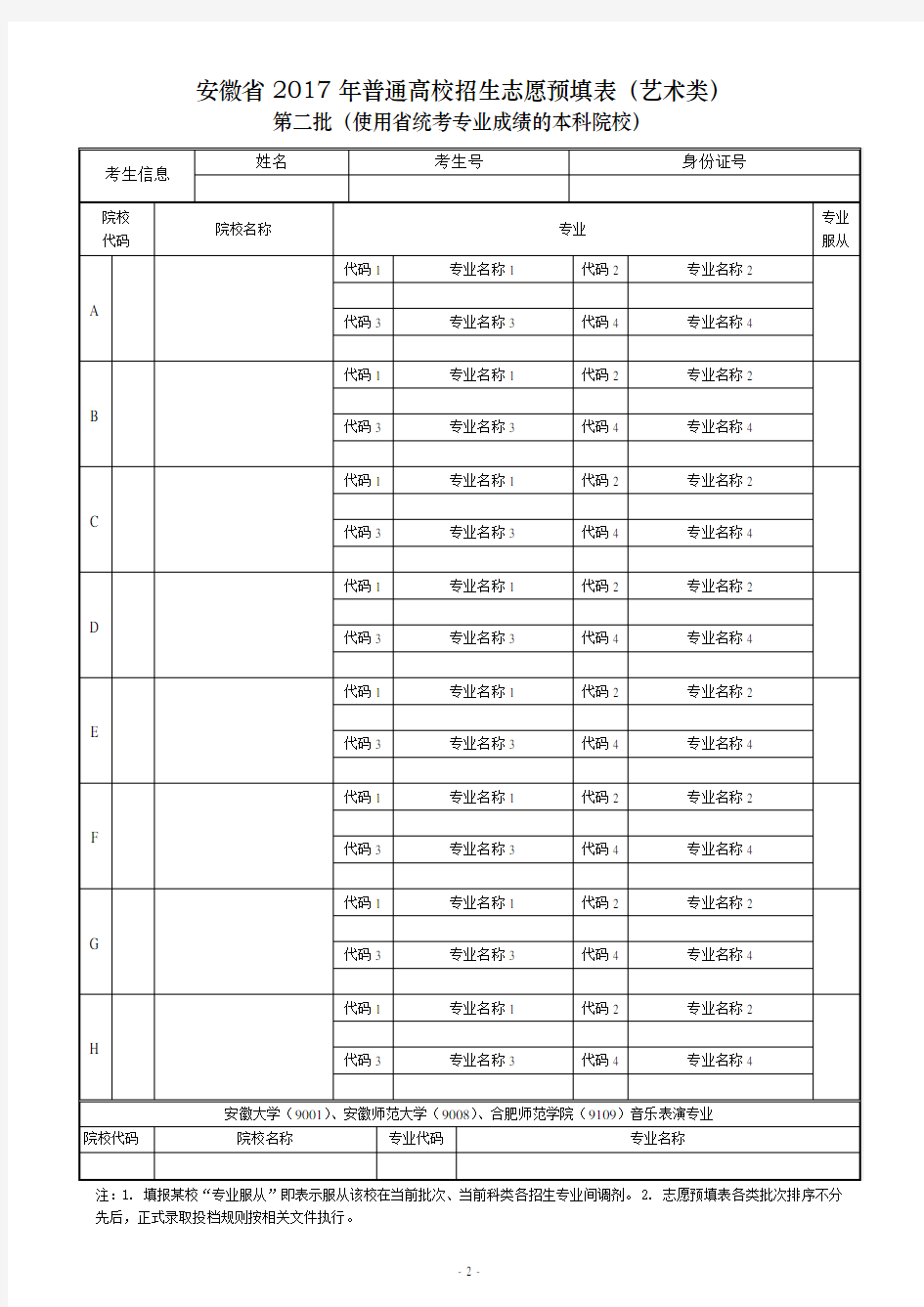 2017年安徽省高考志愿预填表