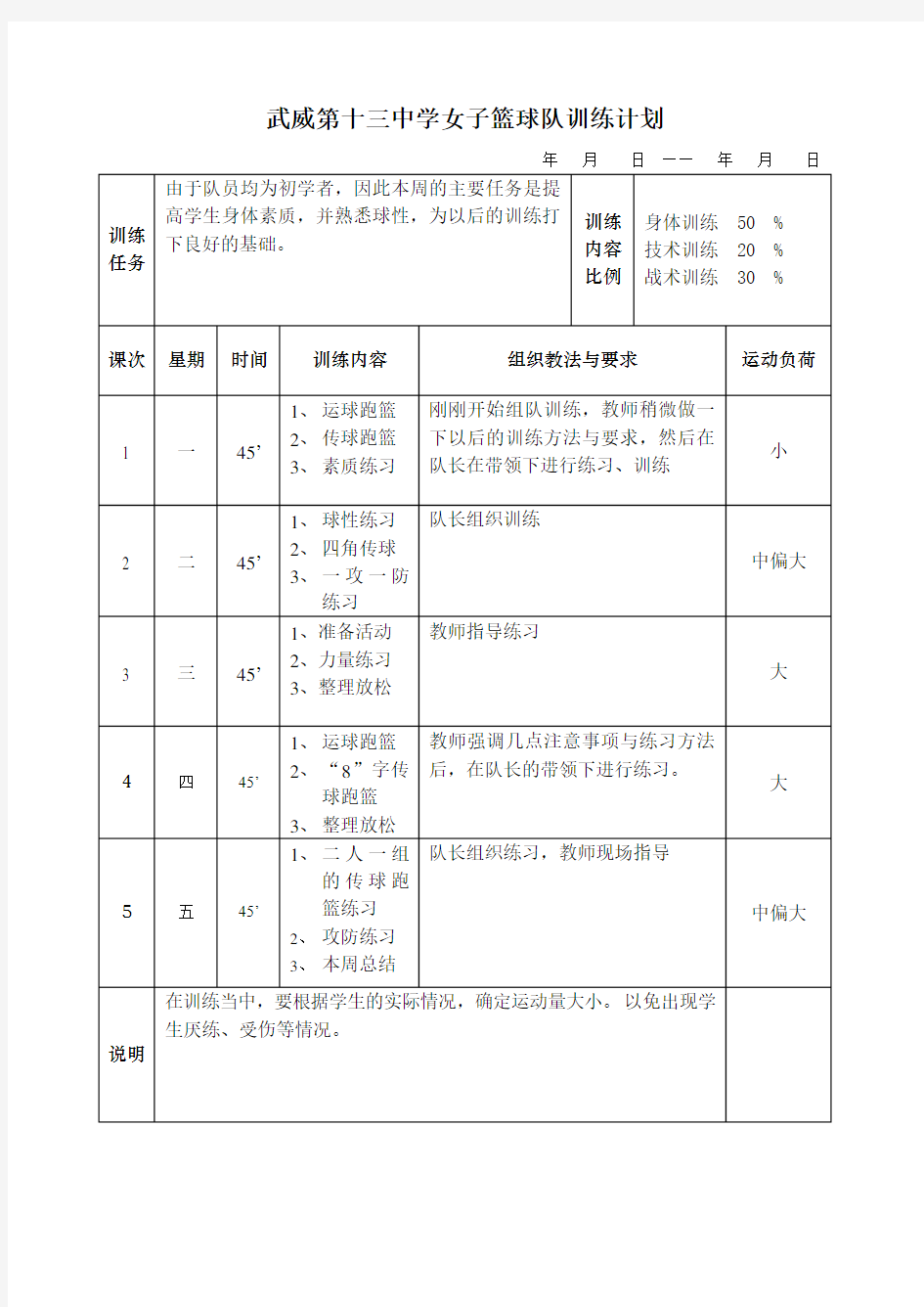 篮球队周训练计划表