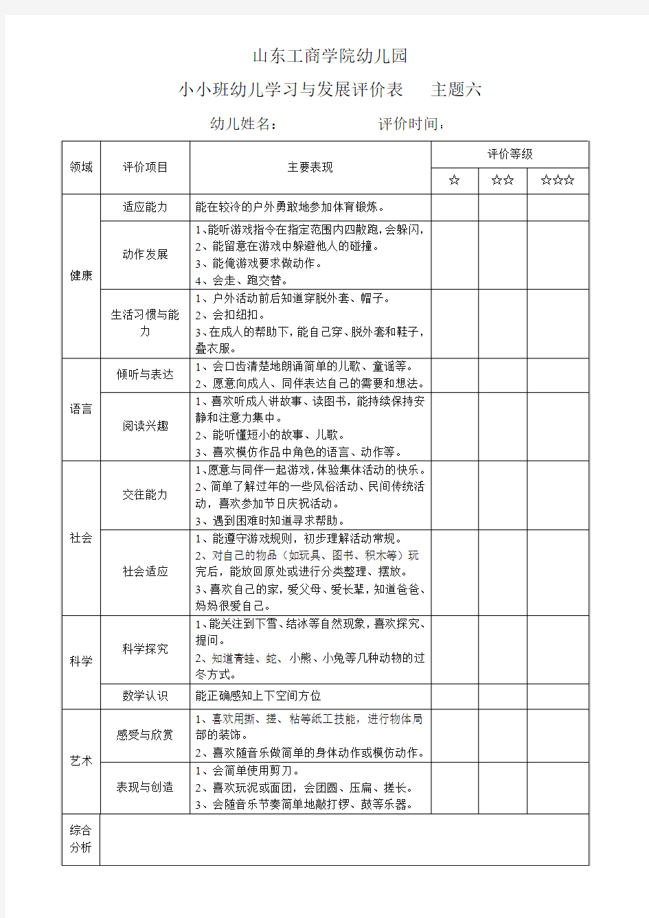 小班幼儿学习与发展评价表(主题六)[1]