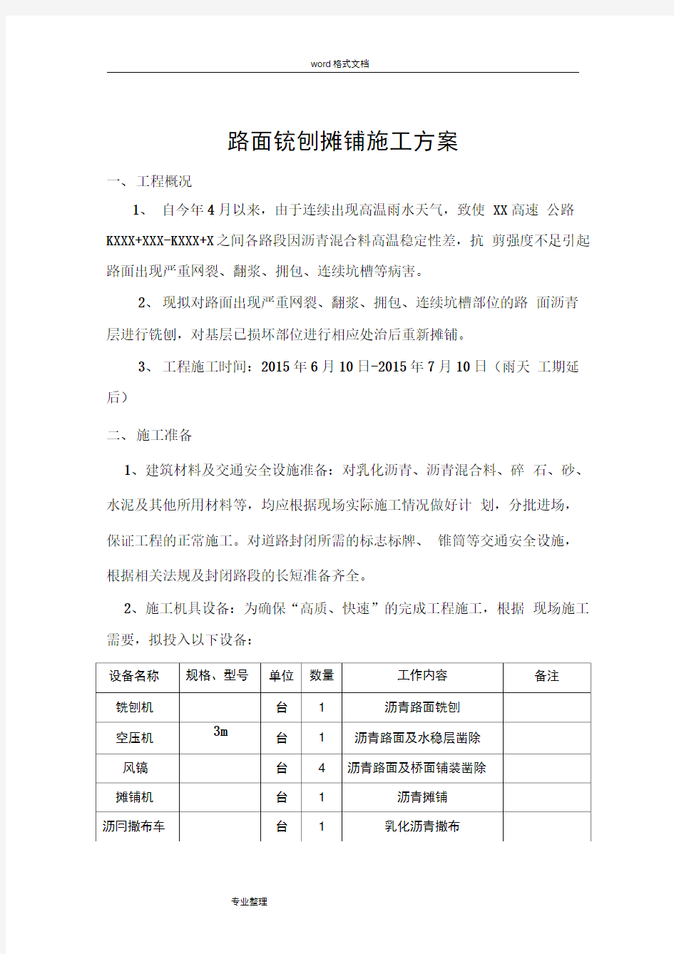 2015年路面铣刨、摊铺工程施工组织设计方案