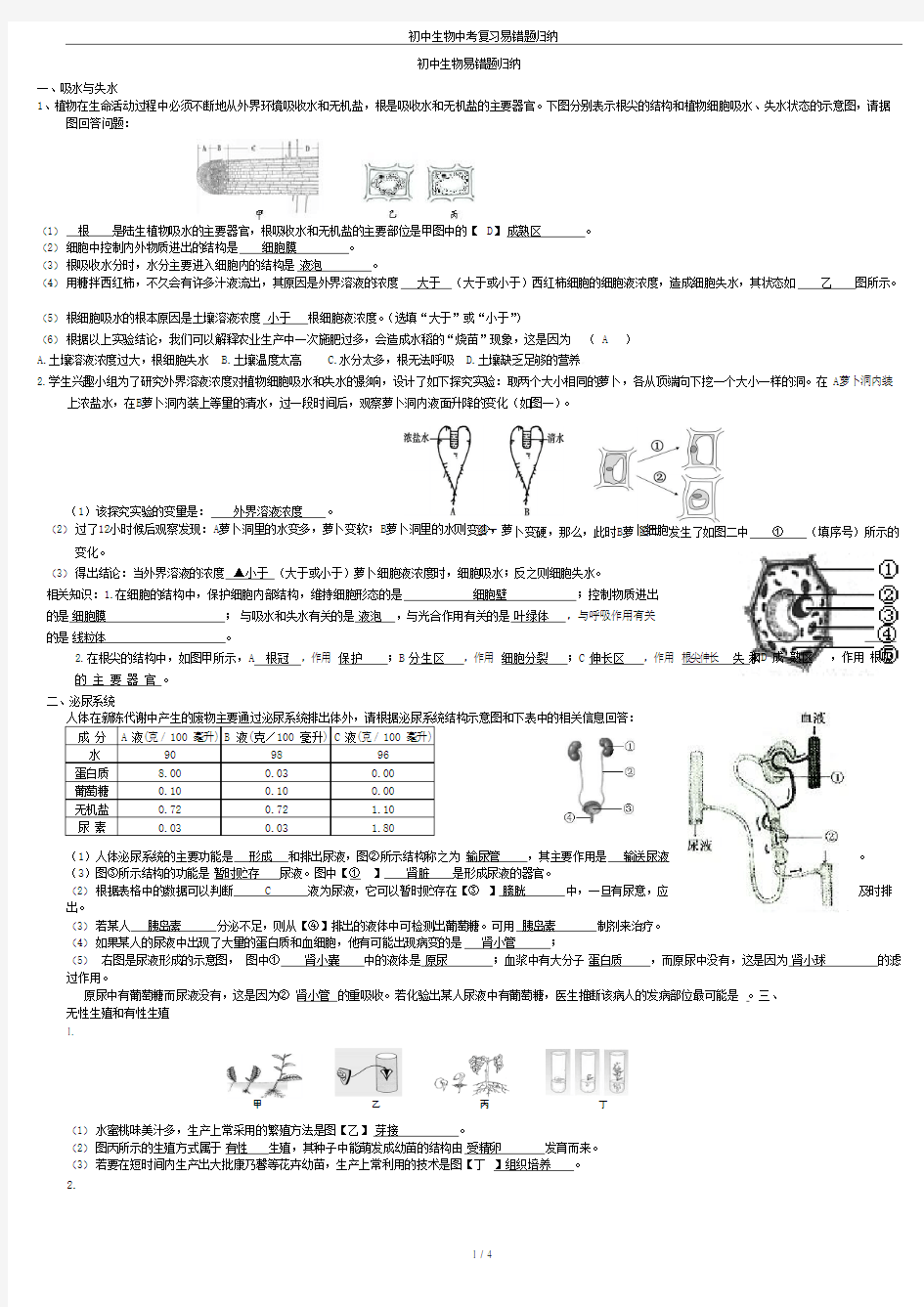 (完整版)初中生物中考复习易错题归纳,推荐文档