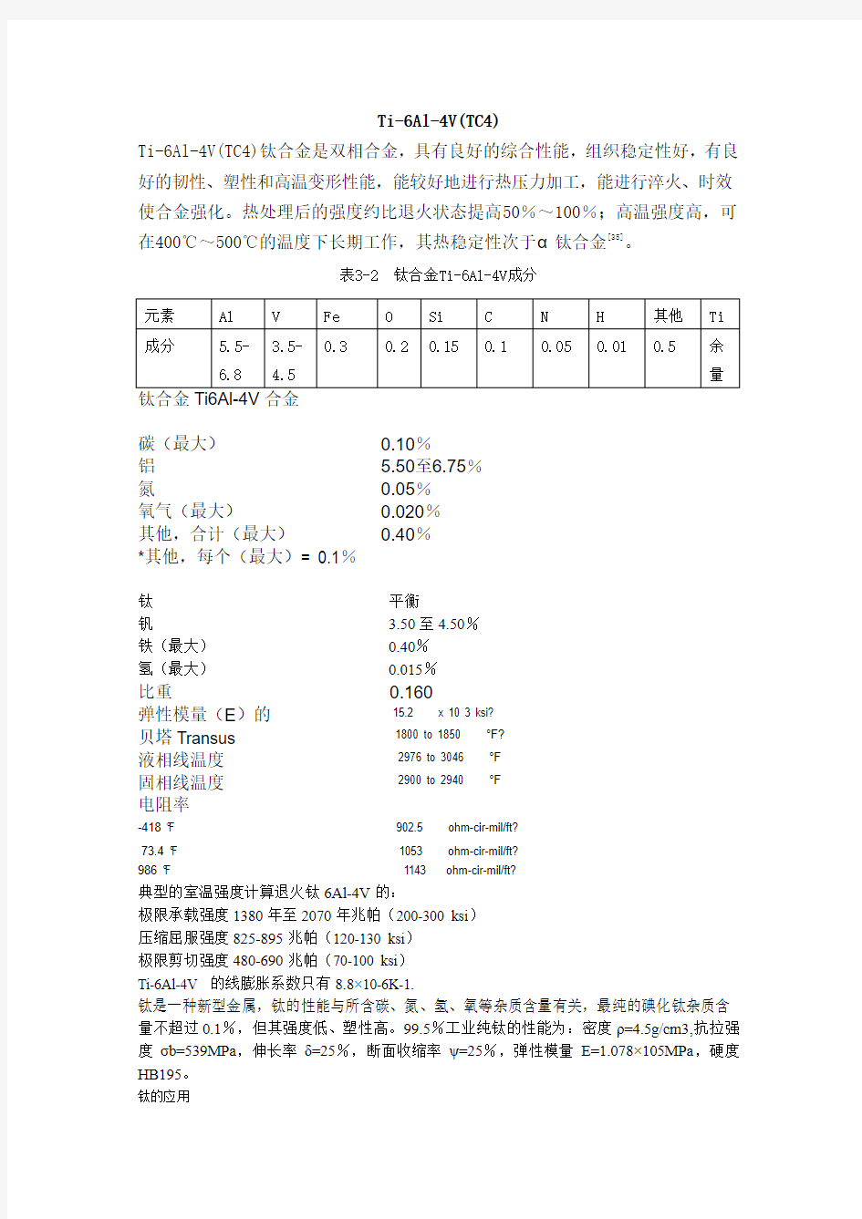 Ti-6Al-4V(TC4)及钛合金的性能