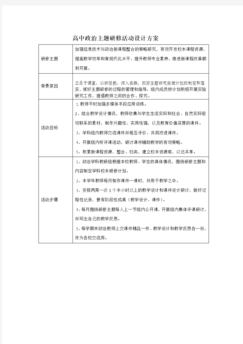 高中政治研修活动设计方案