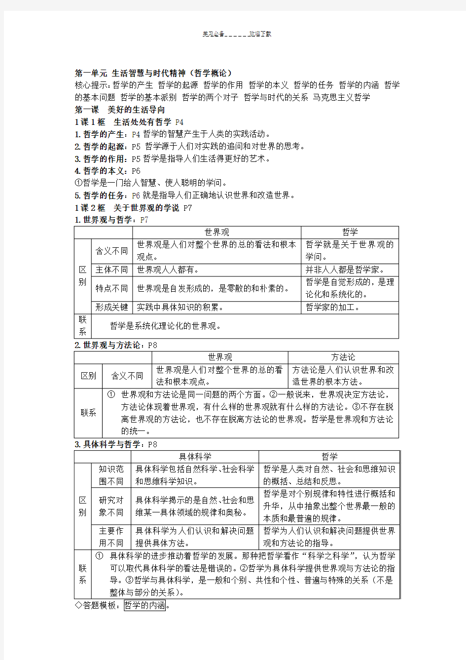 高中政治生活与哲学全册知识点