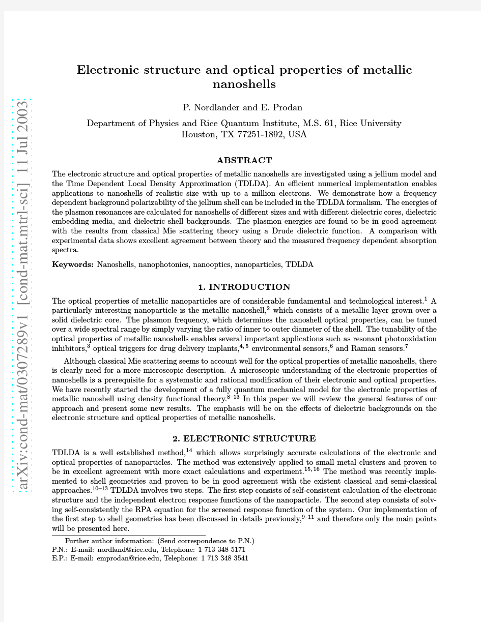 Electronic structure and optical properties of metallic nanoshells