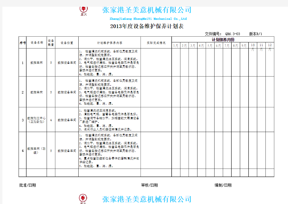 设备保养计划表