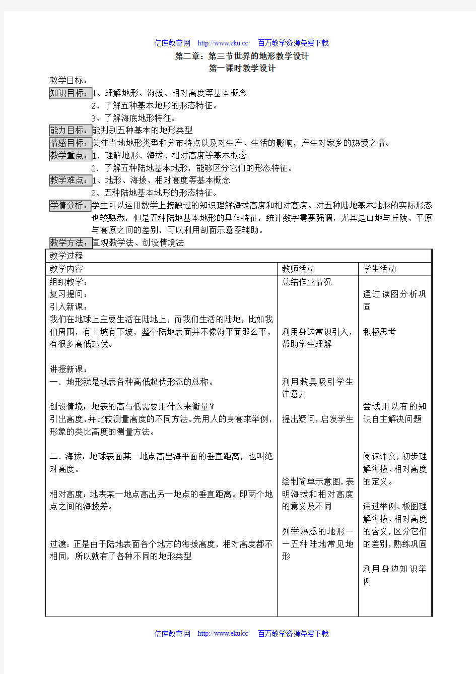 七年级地理世界地形教学设计