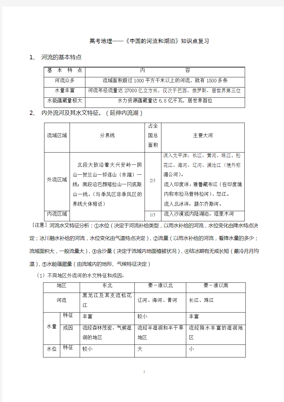 高考地理——《中国的河流和湖泊》知识点复习