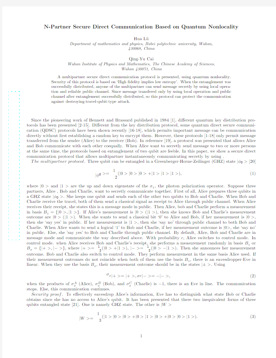 N-Partner Secure Direct Communication Based on Quantum Nonlocality