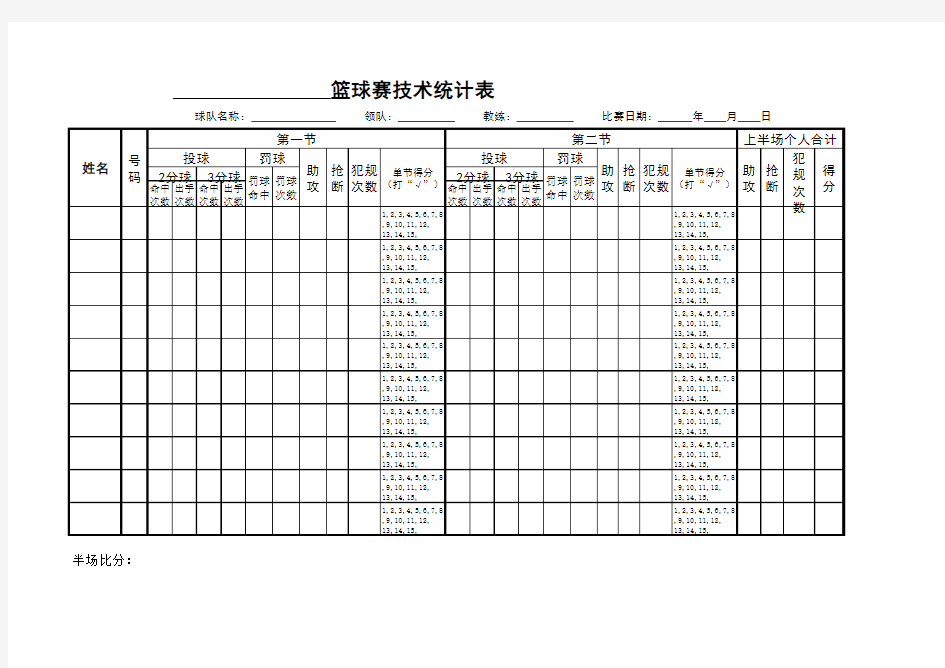 篮球赛技术统计表