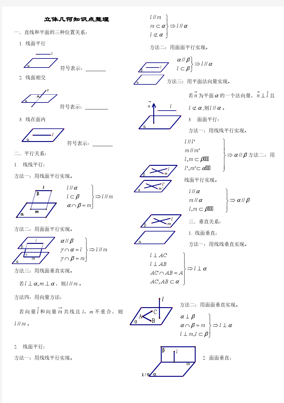 高考数学 立体几何知识点、方法总结