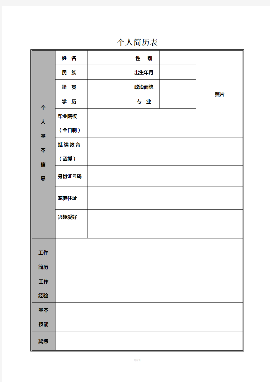 个人简历空白表格word模板