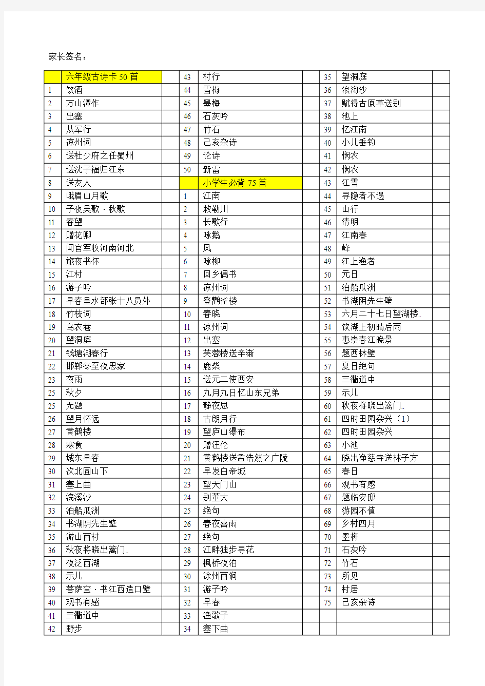 六年级古诗背诵目录(古诗卡+必背古诗) 一览表 检查单