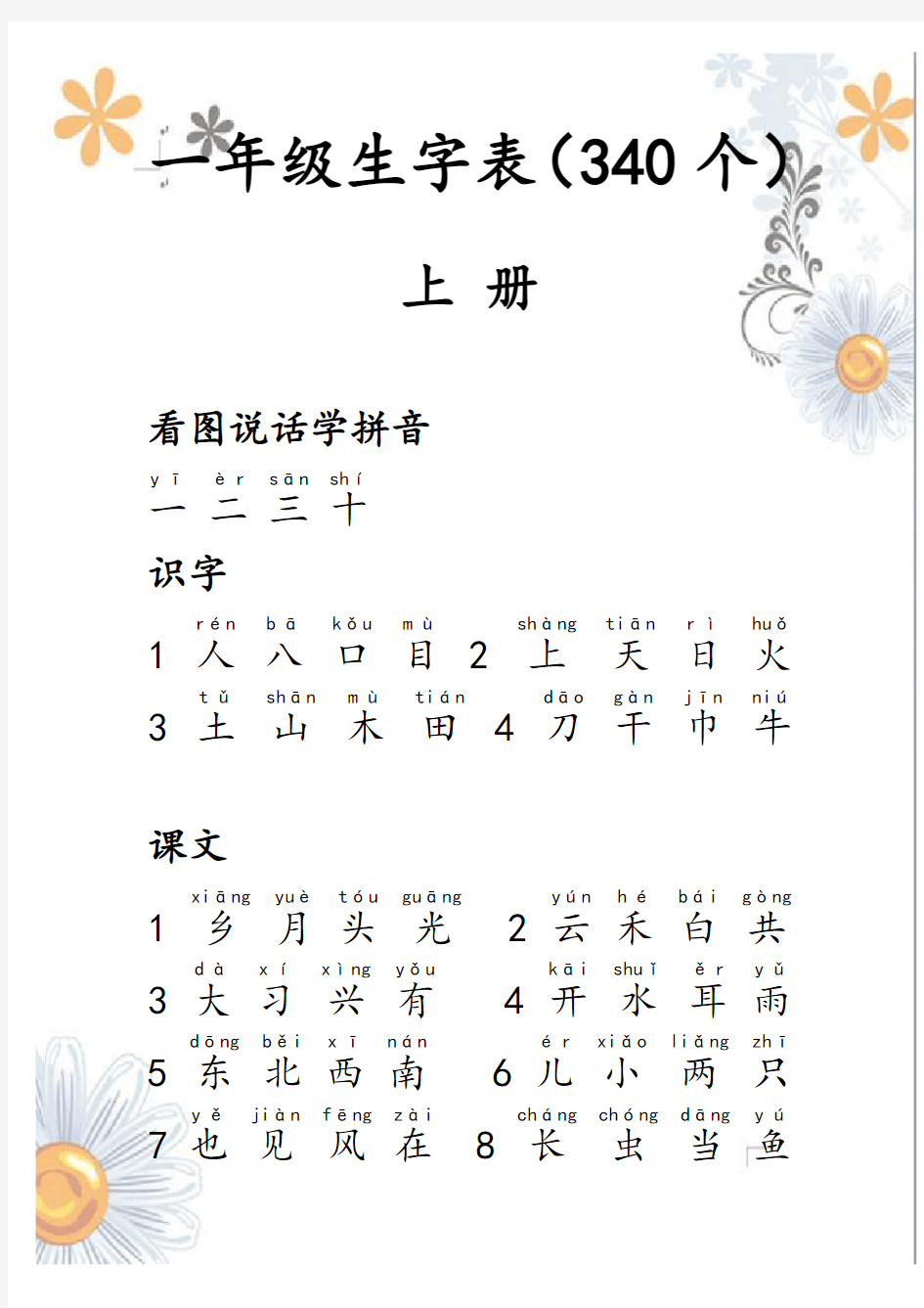 人教版一年级生字表(带拼音)