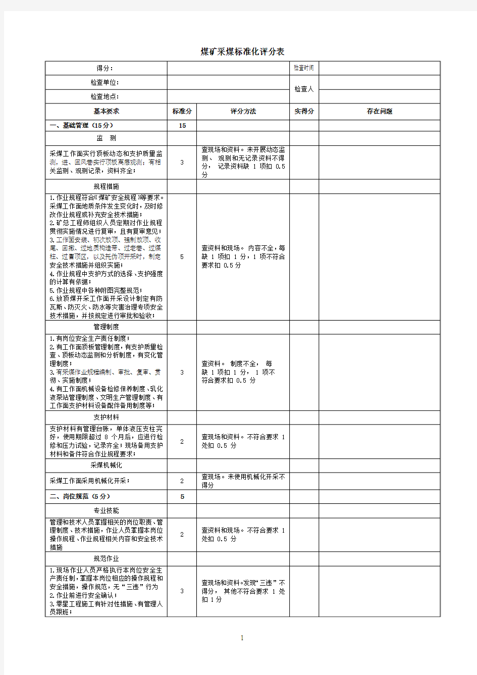 煤矿采煤标准化评分表2017