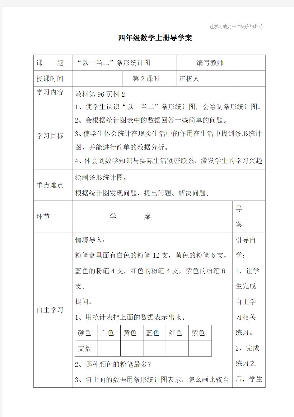 最新人教版四年级上册数学《“以一当二”条形统计图》导学案