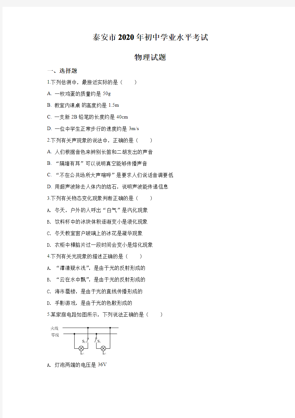 2020年山东省泰安市中考物理试题(解析版)