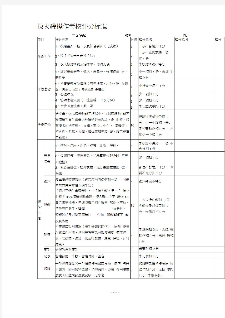 拔火罐操作考核评分标准