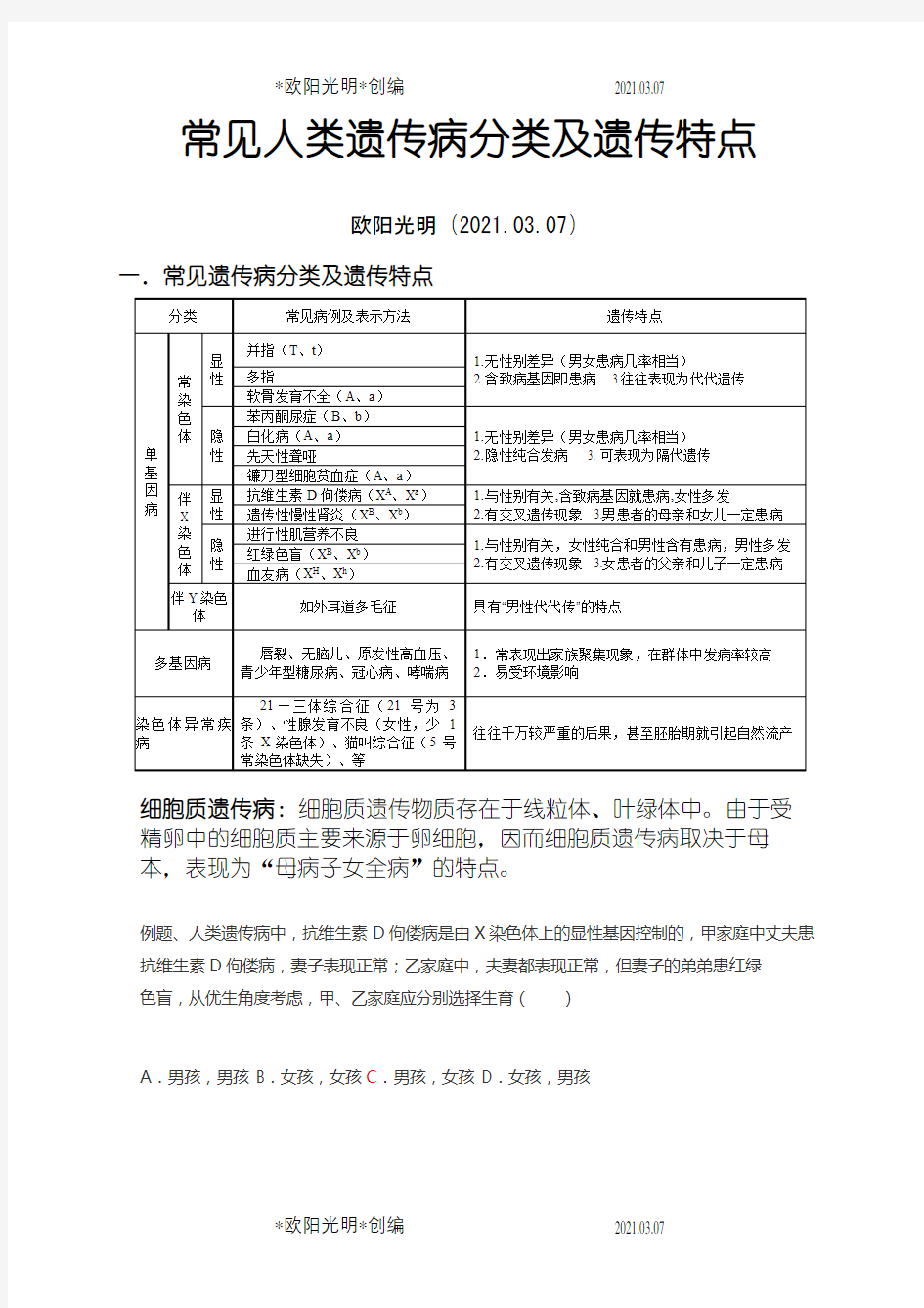 2021年高中生物常见人类遗传病分类及遗传特点