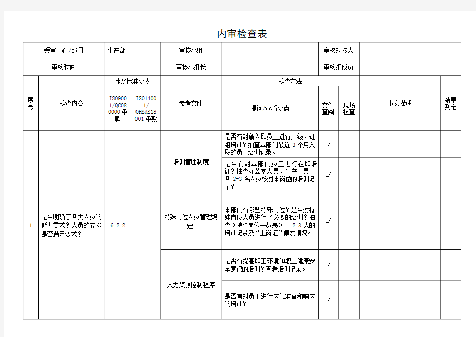 生产部内审检查表