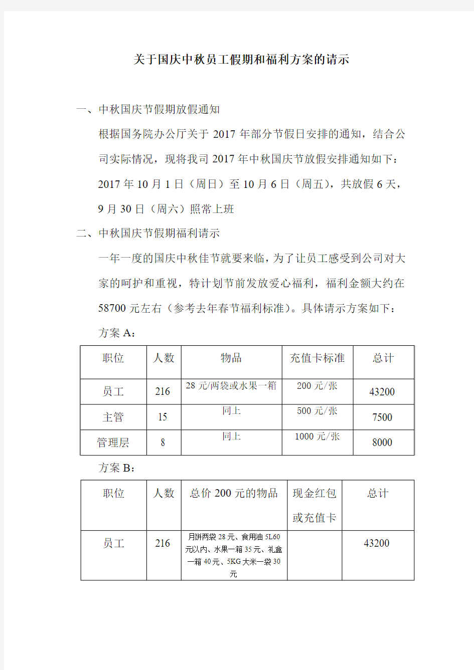 2017年中秋国庆节假期福利请示