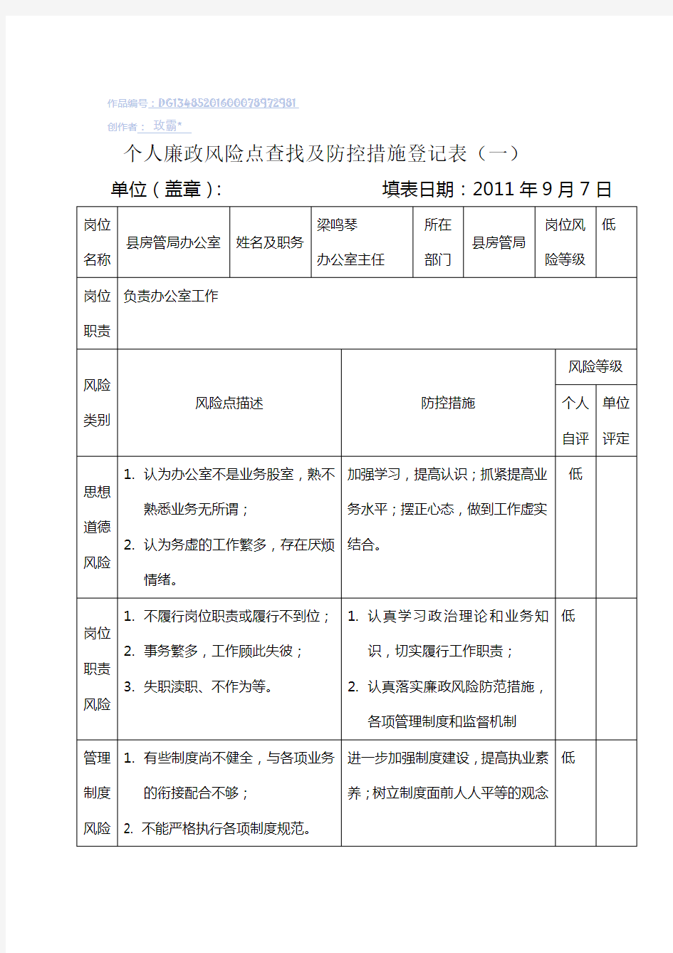 个人廉政风险点查找及防控措施登记表