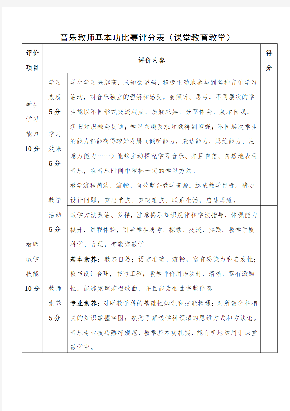 音乐教师基本功比赛专业评分表