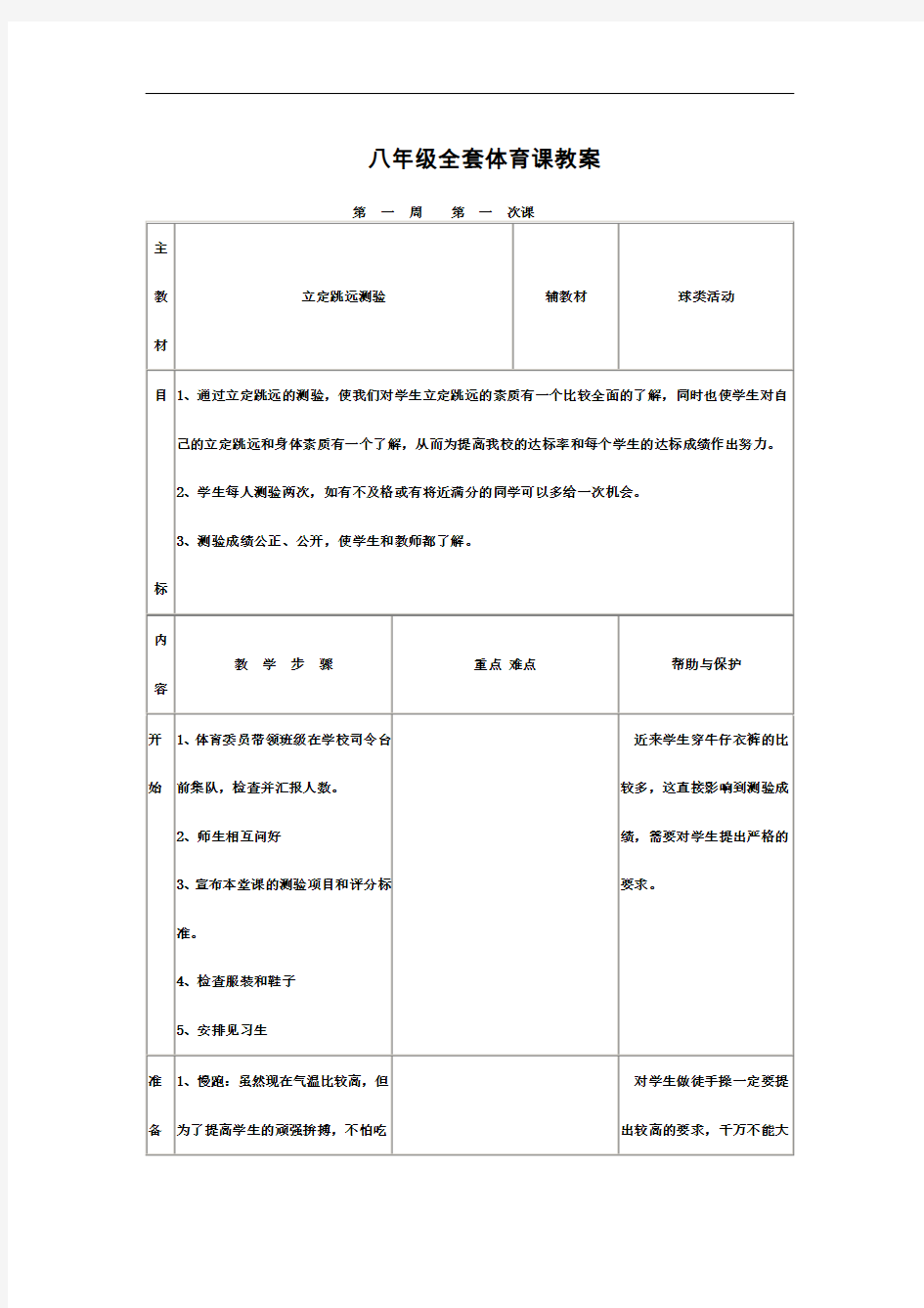 最新八年级全套体育课教案